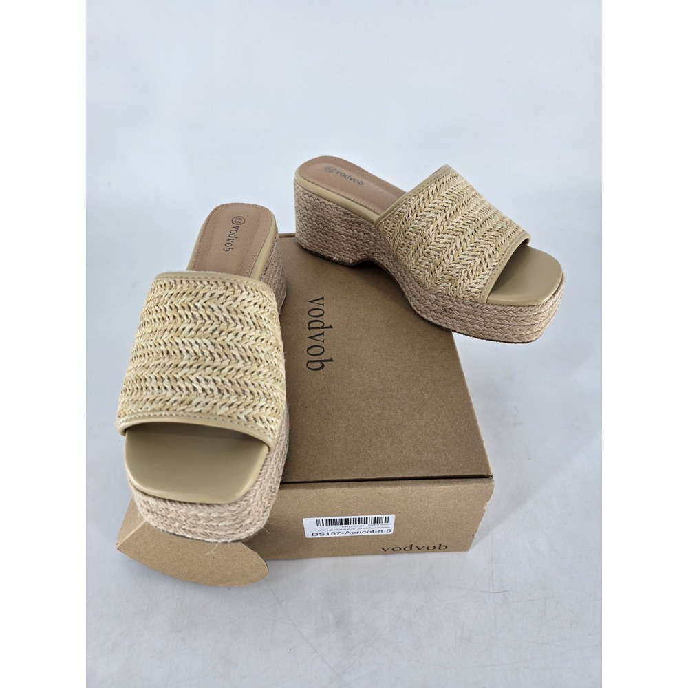 Vodbob Chunky Platform Thong Sandal Sz 8.5 Tan Woven Open Toe Mid Wedge Heel
